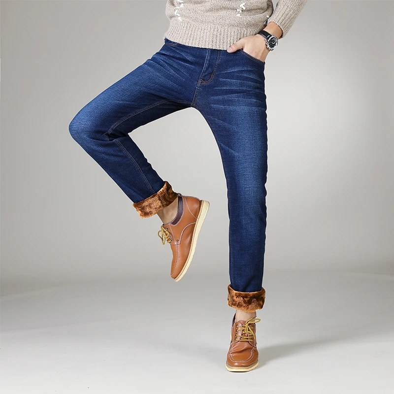 Winter men's plus fleece warm jeans classic thick denim stretch slim fit black jeans casual boutique business blue plus trousers