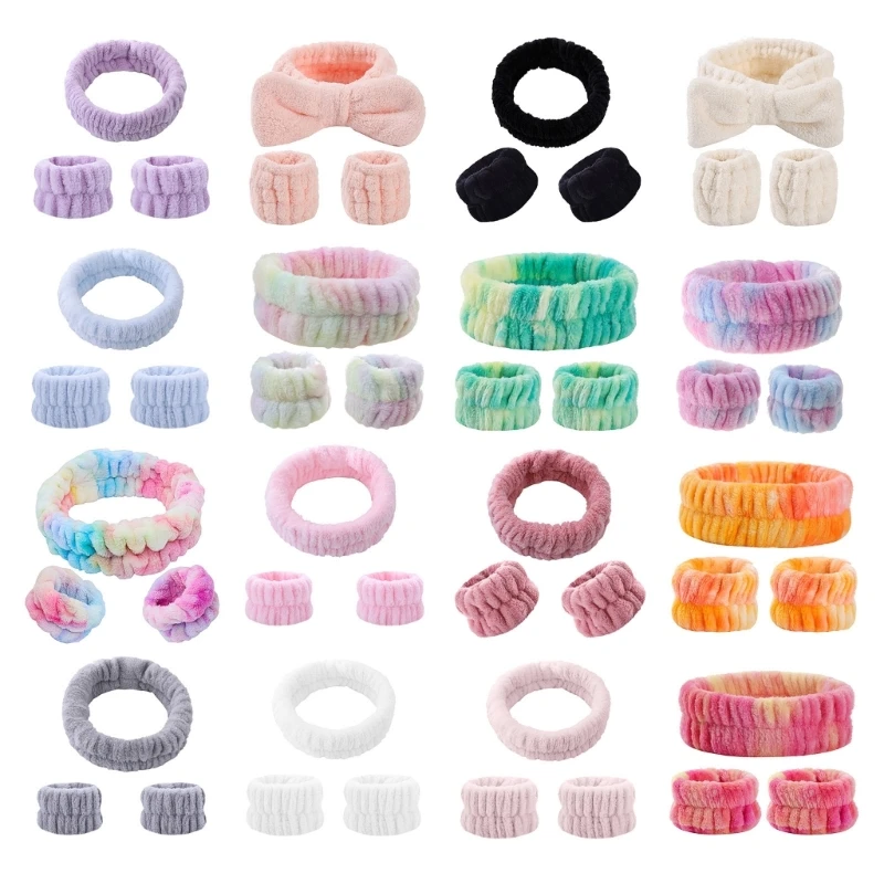 

3pcs Women Plush Hairbands&Wristband Tie-dyed Plush Headband Wash Face Hairband