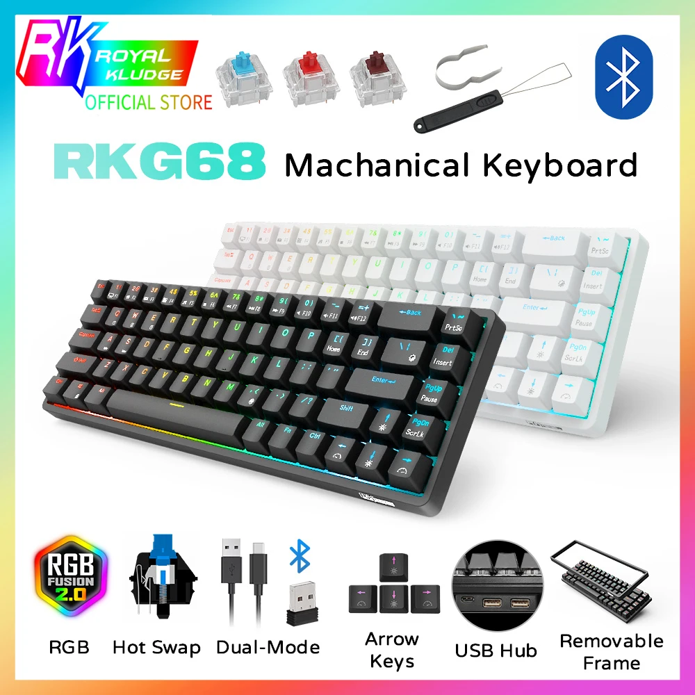 

RKG68(RK837) 2,4 ГГц Беспроводная/Bluetooth/Проводная 65% механическая клавиатура, 68 клавиш три режима Горячая Съемная клавиатура со съемной рамкой