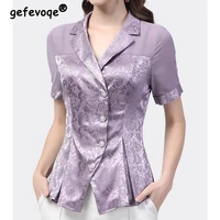 office lady solid patchwork button chiffon shirt summer 2022 new notched collar short sleeve slim cardigan tops womens clothing