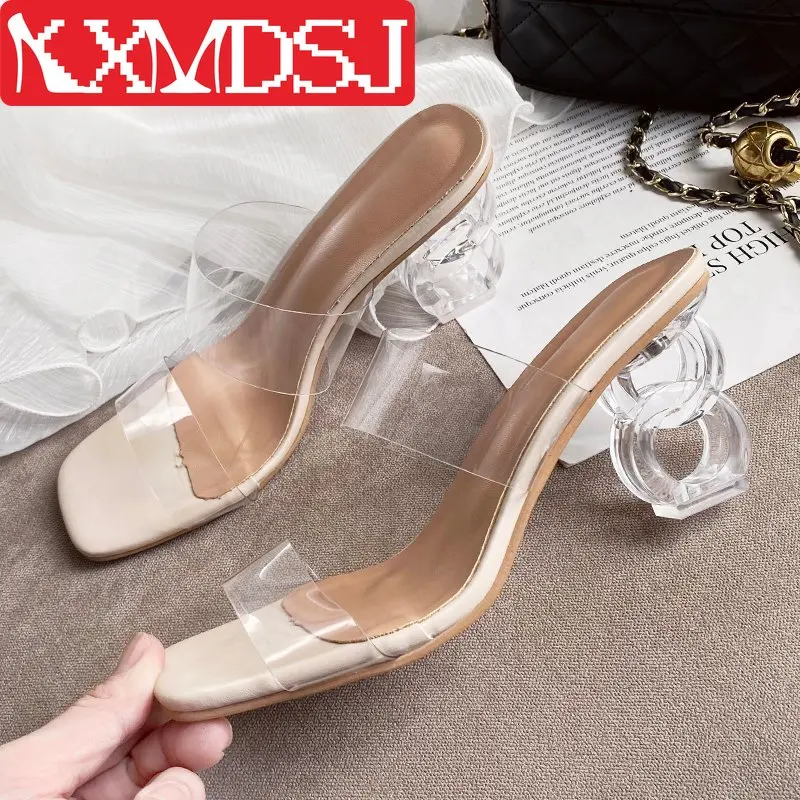 

Women Mules Design Slippers Sandal Slides Shoes 2021 New Summer Fashion Transparent Heels Female Shaped Root Women's Shoes