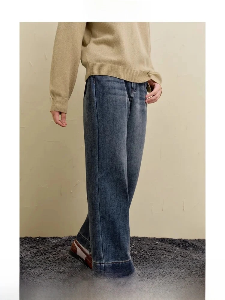 Женские прямые джинсы больших размеров свободные зимние модные ретро синие