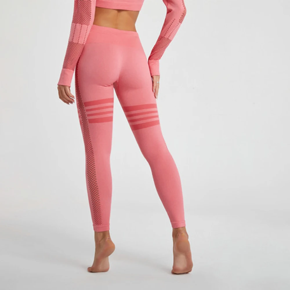 Seamless Mesh Women Yoga Set Workout Sportswear Gym Running Yoga Clothing Fitness Long Sleeve Crop Top High Waist Leggings Sport