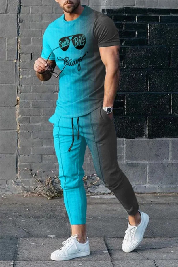 Men's Long Pants Sportswear 3D Printed Smile Short Sleeved T-shirt Casual Oversized Clothing Summer Sportwear Suit 2-Piece Set