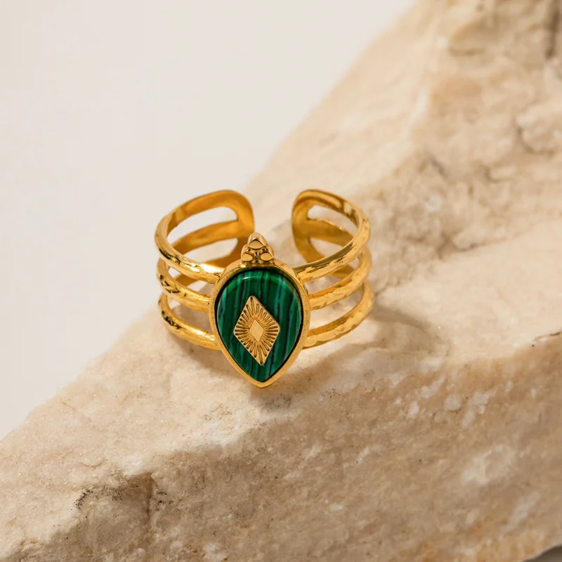 

Minar Hot Sale Green Oval Natural Stone Malachite Charm Rings for Women 18K Gold PVD Plated Stainless Steel Layered Open Ring