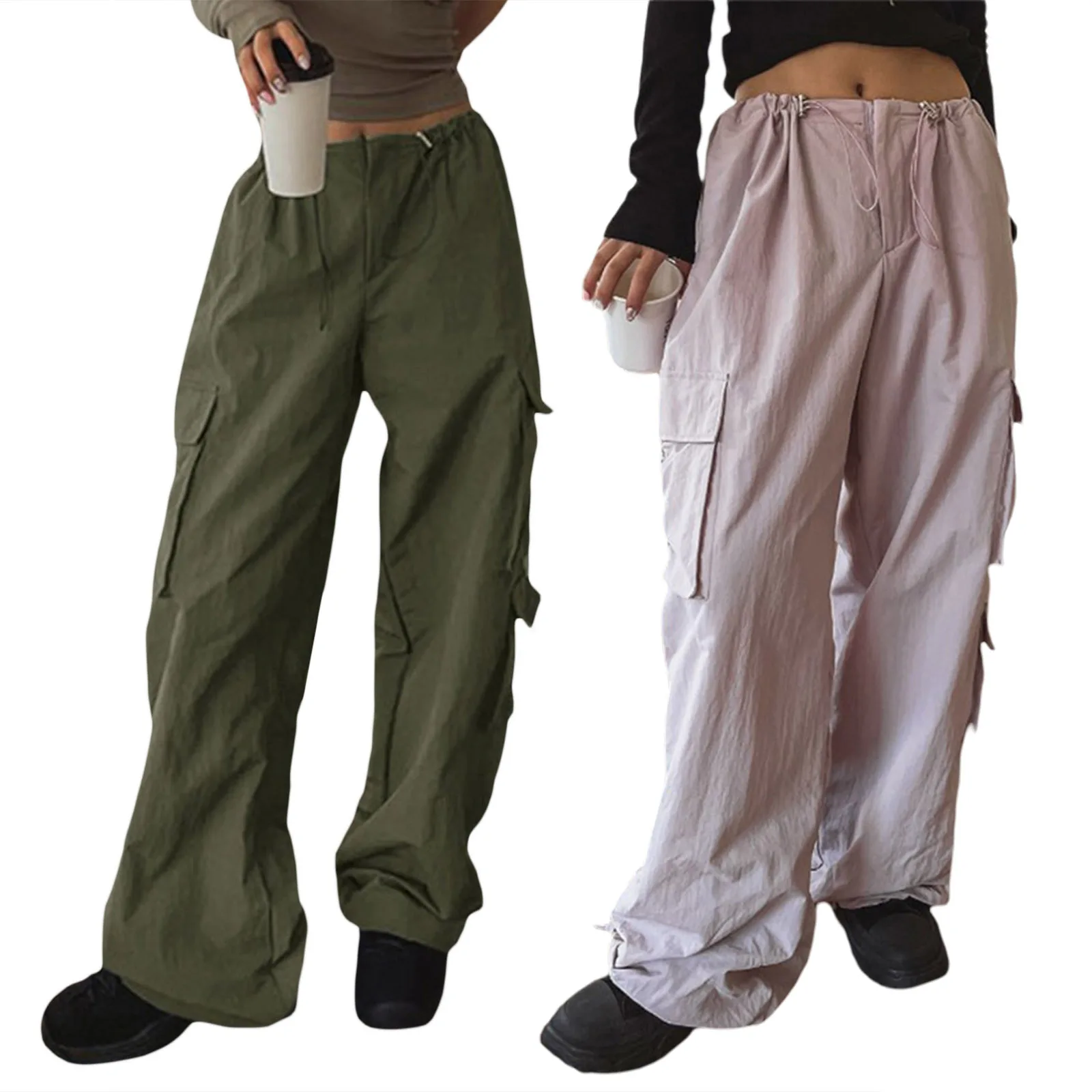 

Streetwear Drawstring Cargo Style Parachute Pants Basic Pockets Baggy Trousers Women Sporty Y2K Teachwear Sweatpants
