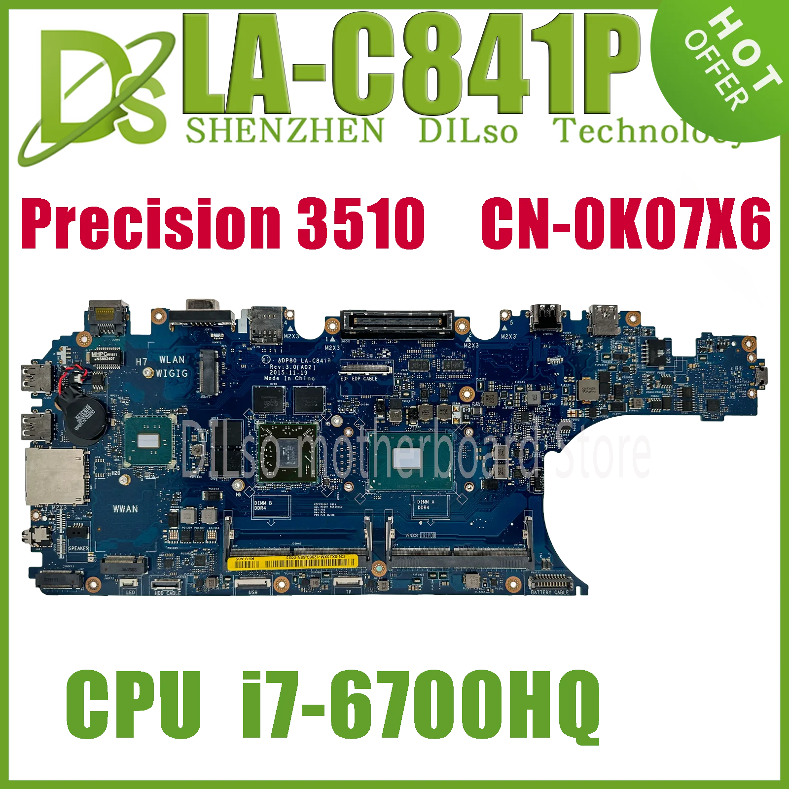 KEFU LA-C841P CN-0XJ3XM CN-0K07X6 Mainboard For Dell Precision 15 3510 Laptop Motherboard CPU i7-6700HQ E3-1505M GPU 286-0086020