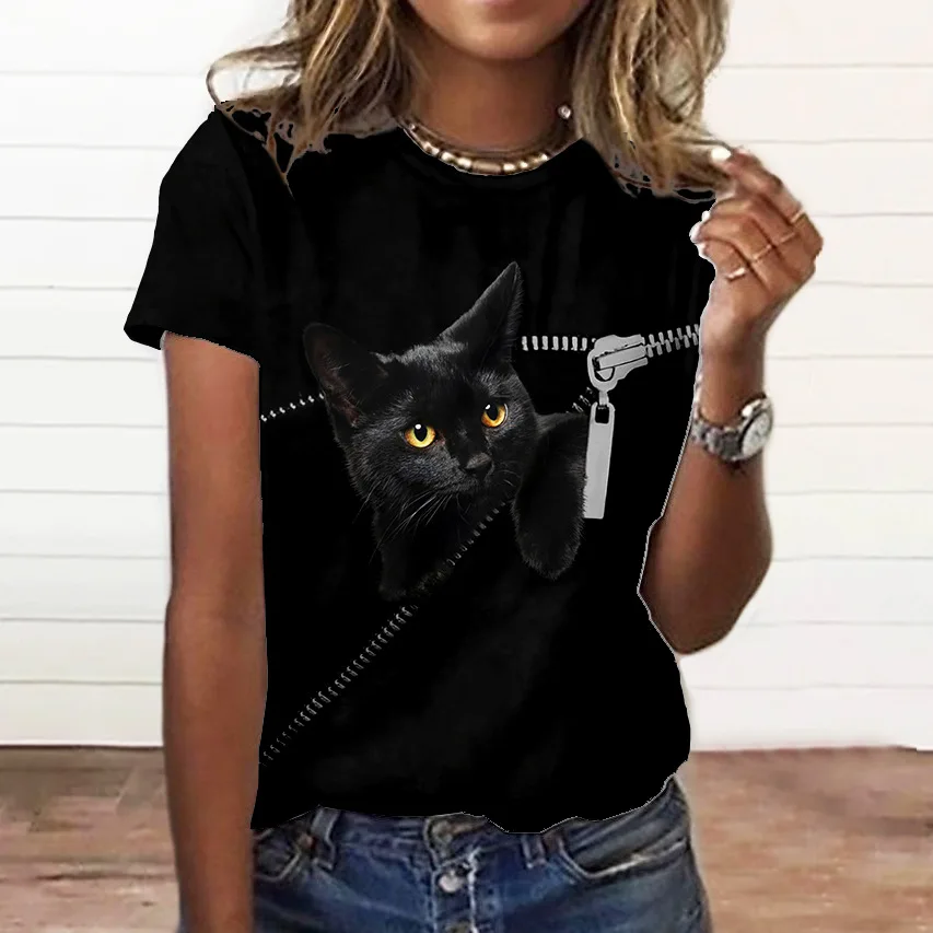 Fashion Womens T-shirt 3D Kawaii Cat Print Tees Tops 2022 New Harujuku Animal Short Sleeve T Shirt Oversized Loose Woman Clothes