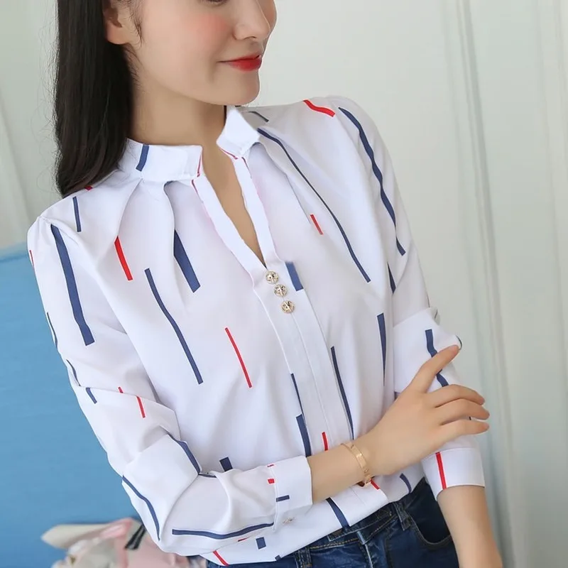 Women White Tops Women's Blouses Fashion Stripe Print Casual Long Sleeve Office Lady Work Shirts Female Slim Blusas