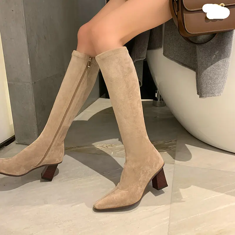 

Genuine Leather Thick Heels Long Boots 2022 New Women Knee High Boots Concise Autumn Winter Shoes Woman Size 33-43
