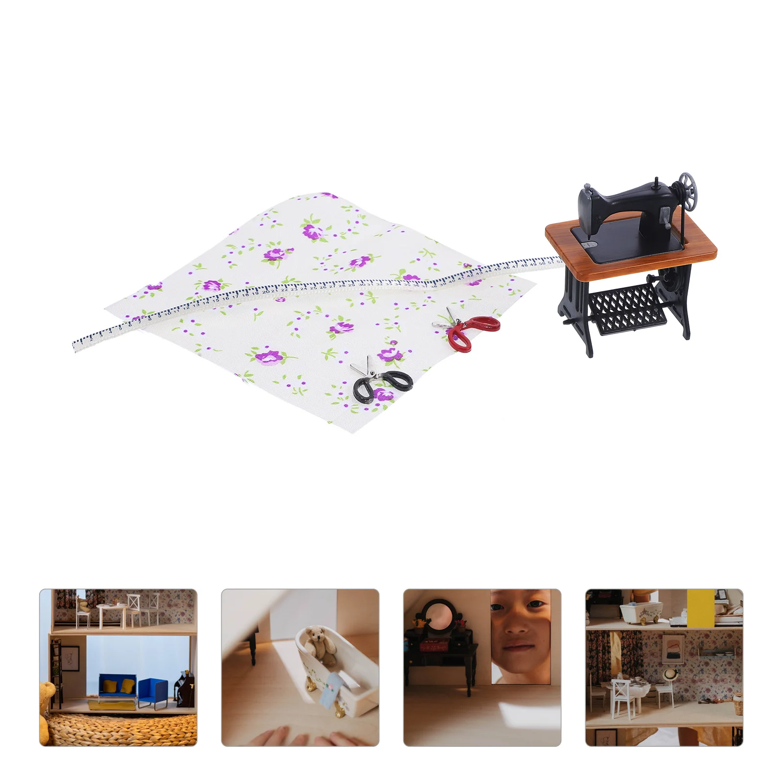 

1 Set of Miniature Sewing Machine Models Scissor Cloth Model House Supplies
