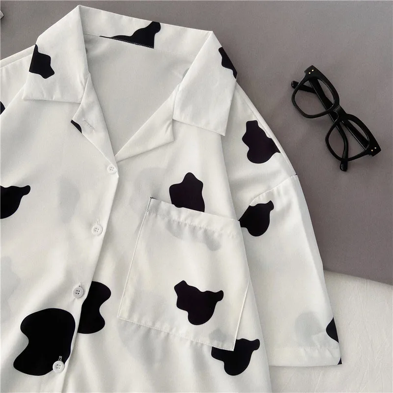 

Рубашка EBAIHUI женская с коротким рукавом, Повседневная Свободная блузка в Корейском стиле, в стиле бойфренда Харадзюку, с коровьим принтом, ч...