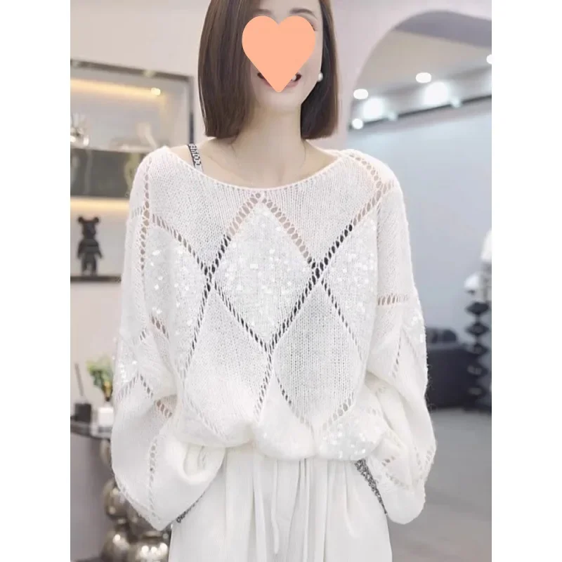 Elegant Knitted Top For Women High-End Feel Argyle Sequins Hollow Out Luxury Loose Fit Sweater Trendy Autumn Knitwear