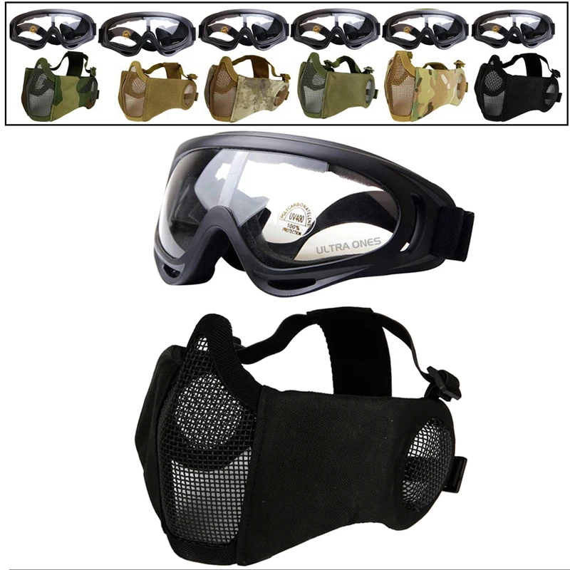 

Airsoft Half Face Mesh Mask with Ear Protection and Tactical Goggles Paintball Shooting CS Survival Games Cosplay