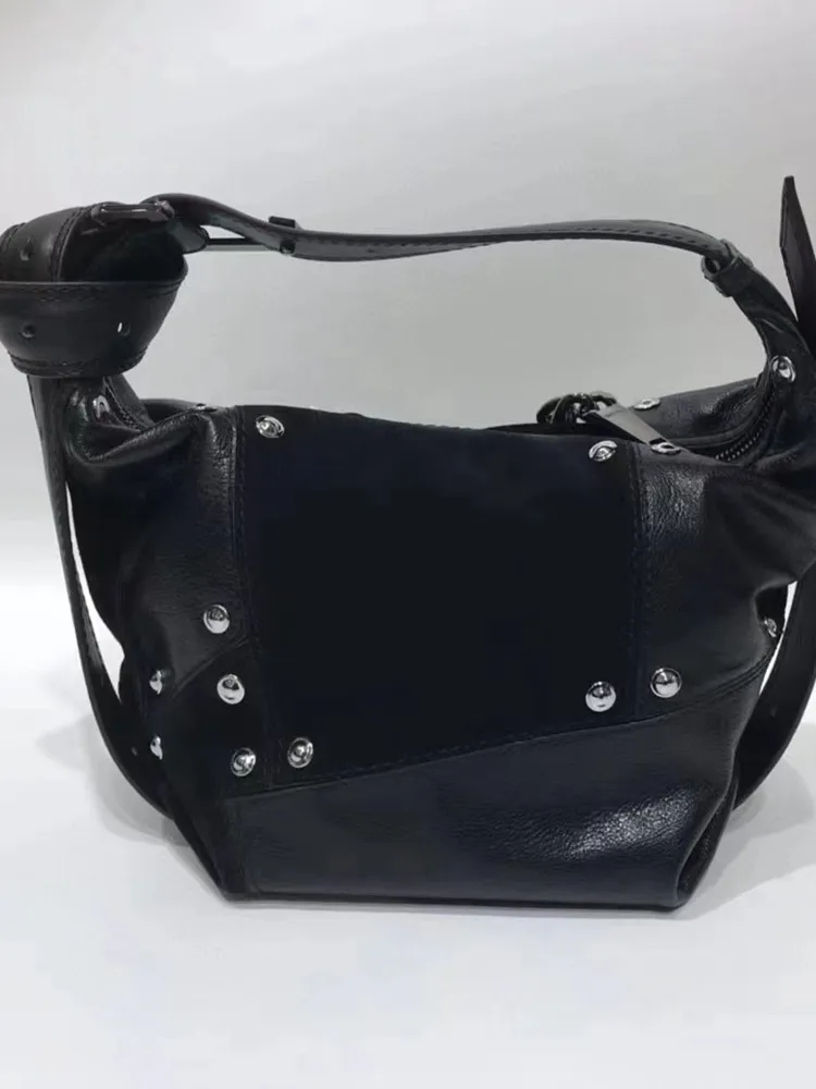 

Women Handbag Leather and Fleece Panel Black Shoulder Bag Leather and Suede Panel Bag