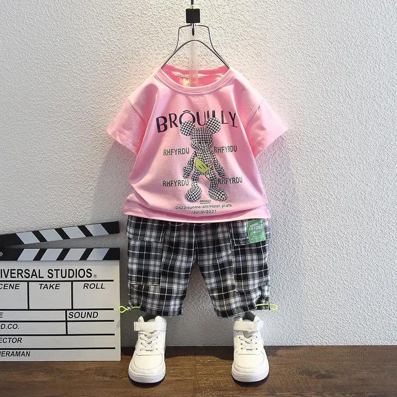 

Fashion New 100% Cotton Kids Clothing Sets Cartoon Bear Print Children Clothing Plaid Shorts Clothing for Boys Baby Boys Clothes