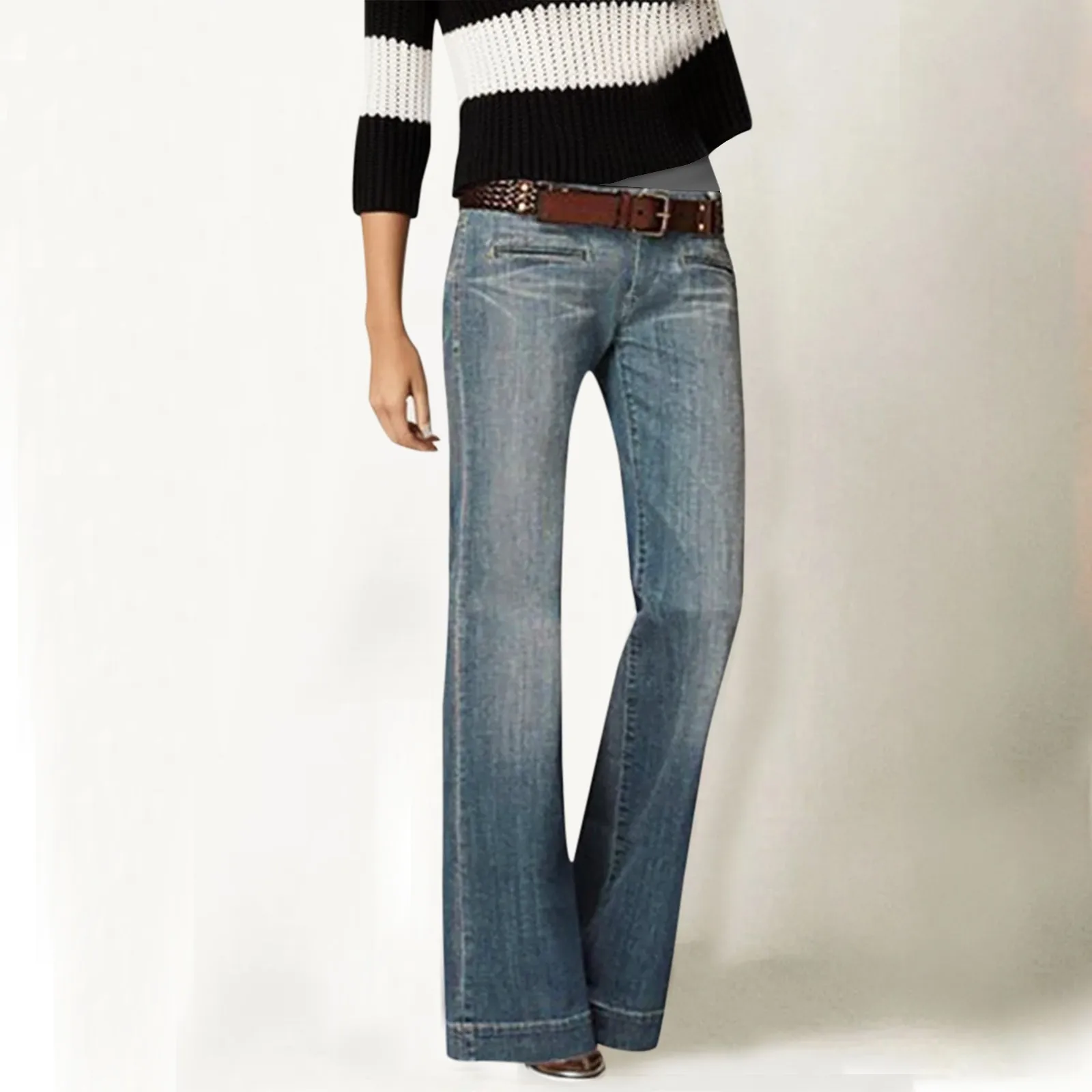 

Женские Модные Винтажные Брюки с карманами, повседневные Универсальные джинсовые брюки с широкими штанинами и высокой талией, прямые драпированные джинсы в уличном стиле