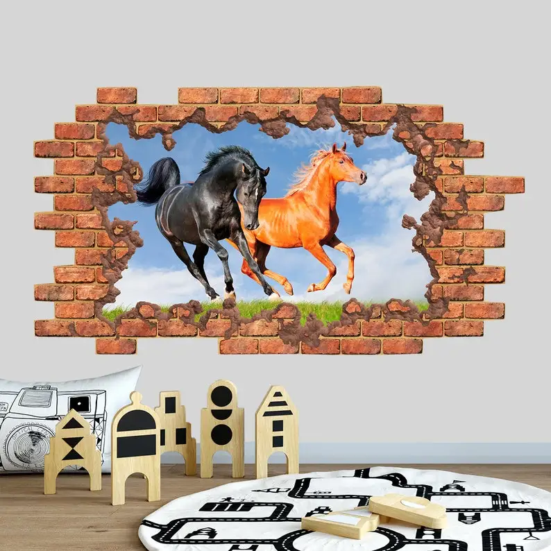 

Cottage Wall Decals Animal - Horse Decals - 3D Effect Wall Mural - Hole in the Wall Decal - 3D Window Decal Nursery - Smashed Wa