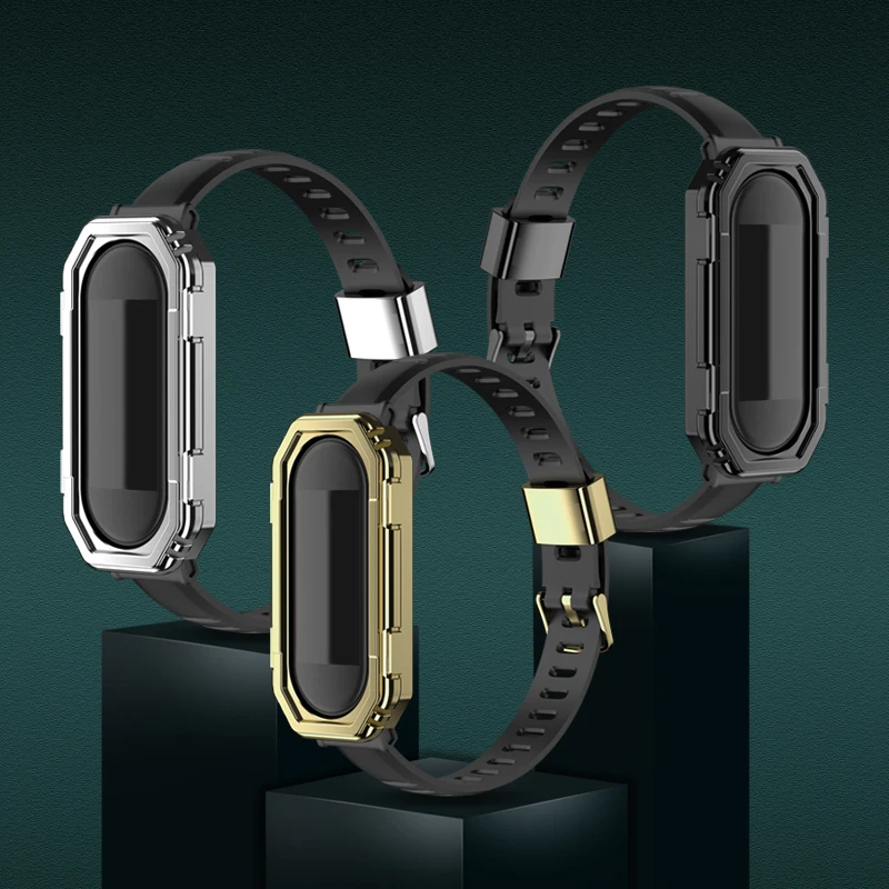 

Plating Case+Strap For Xiaomi Mi Band 6 5 4 3 Silicone Soft TPU Wristband With Metal Frame Ring for Xiaomi Miband 6 Bracelet