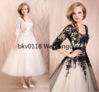 length beach wedding dresses with half sleeves scoop neck black lace appliques ruched tulle a line bridal wedding gowns