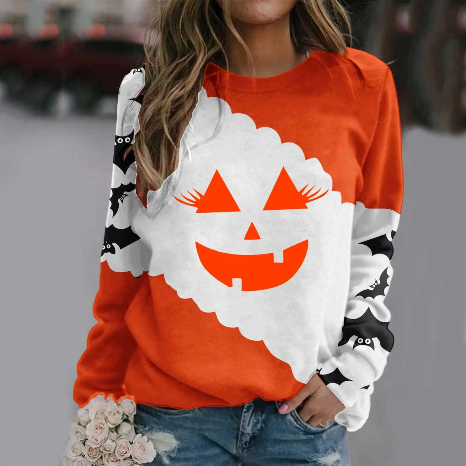 

Long Sleeve Sweatshirt For Womens Halloween Print O Neck Casual Sweatshirt Round Neck Fit Pullover Tops Long Neck Tie Neck Top