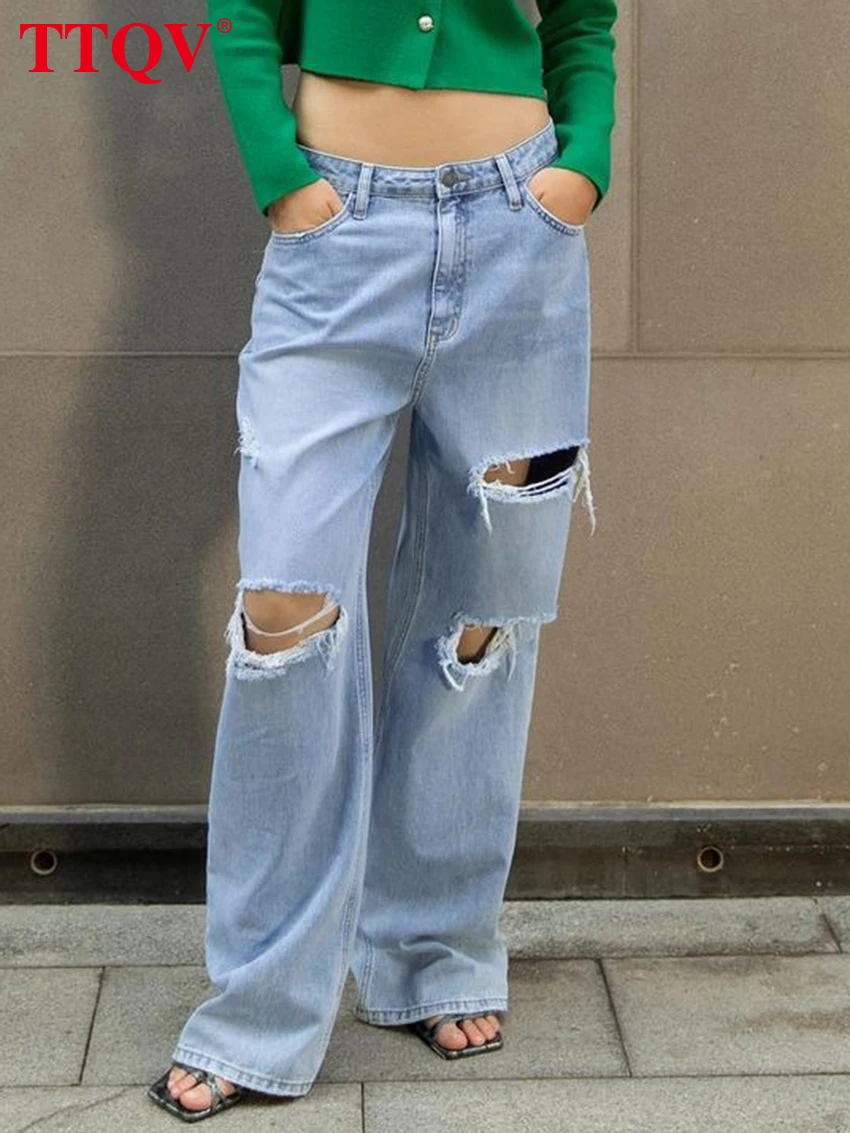 

TTQV Vintage Dark Blue Hollow Out Jeans Woman Fashion Loose Straight Pockets Trousers Casual Cotton Low Waisted Pants Streetwear