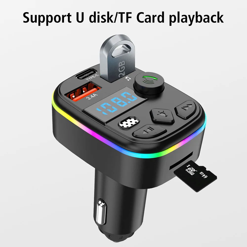 Type-C Wireless Light MP3 Charger PD Dual USB Ambient Player Handsfree QC3.0 5.0 Car FM Transmitter Bluetooth