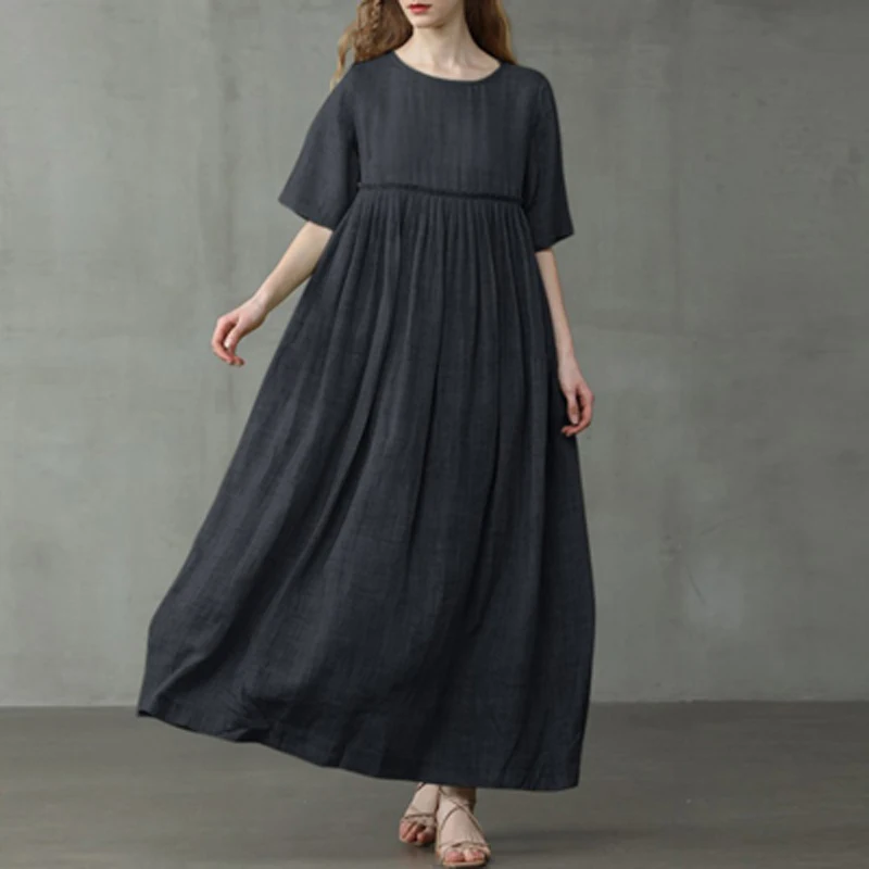 

Summer Solid Color Cotton Linen Big Hem Dress Women Casual Short Sleeve O Neck Loose Dress Simple Commuter Ladies Pocket Dresses