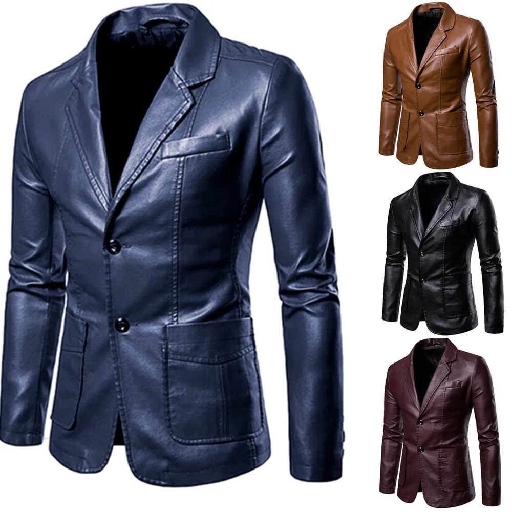 Leather Blazer Man 2022 Spring Autumn Fashion Men's Leather Jacket Dress Suit Coat Male Business Casual Pu Black Blazers Jacket