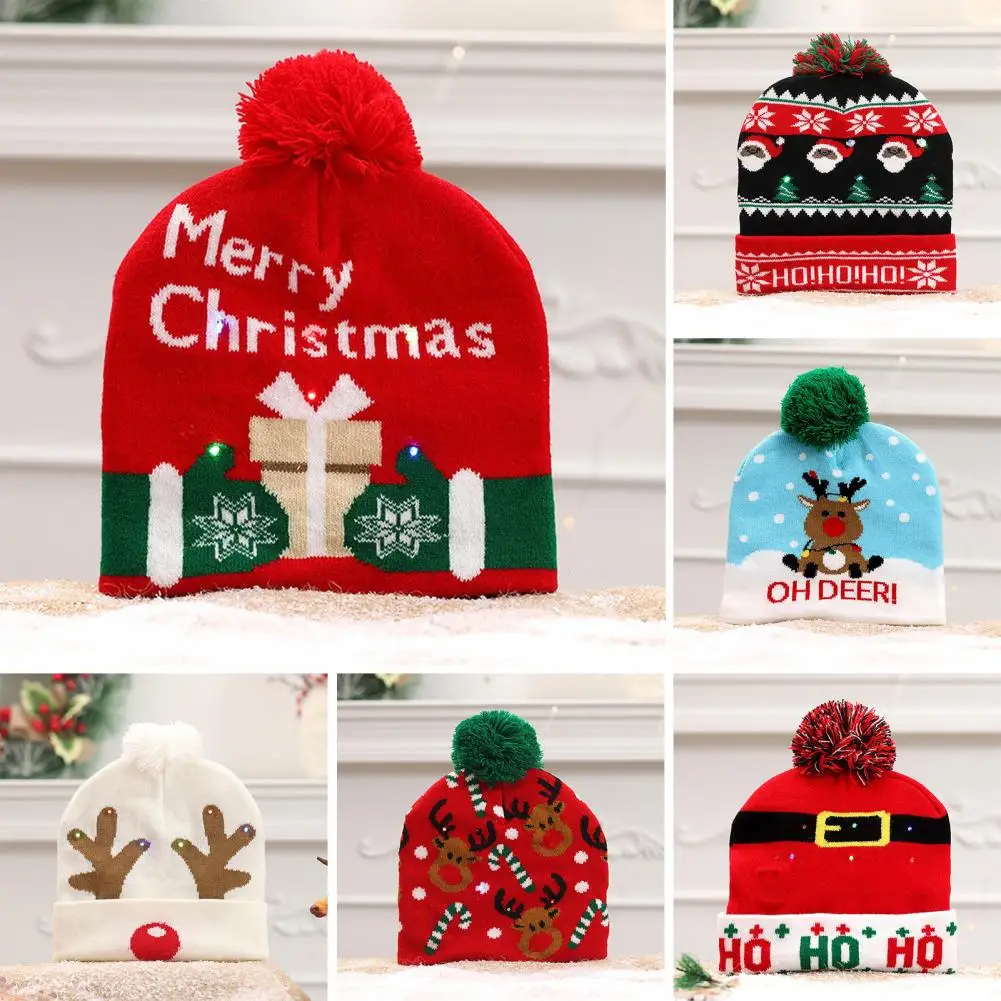 

Elk Patterned Santa Hat Led Santa Hat with Colorful Light for Christmas Halloween Parties Elastic Winter Beanie with for Adults
