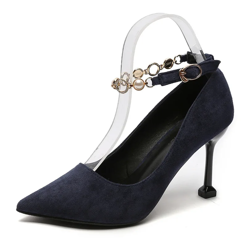 

Туфли женские на шпильке с острым носком, туфли на низком каблуке, с цепочкой и пряжкой, размеры 30-44, черные, синие