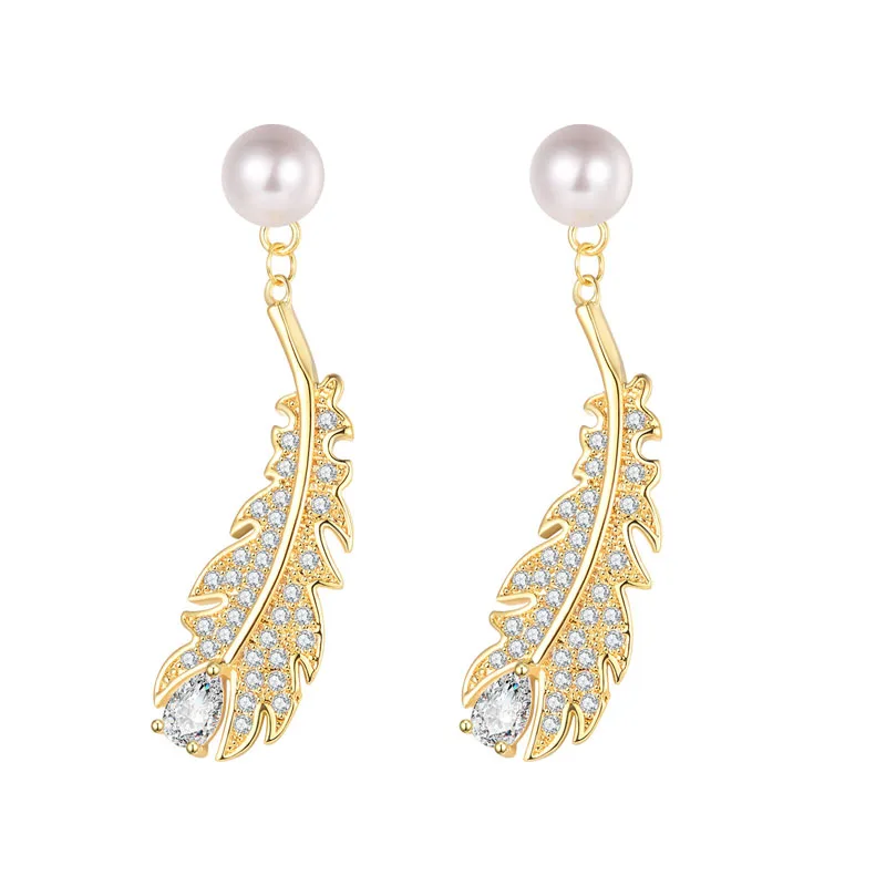

2023 New Feather Drop Dangle Earrings for Women Pearl Rhinestone Earring Copper Trendy Fashion Bohemian Pandant Earings