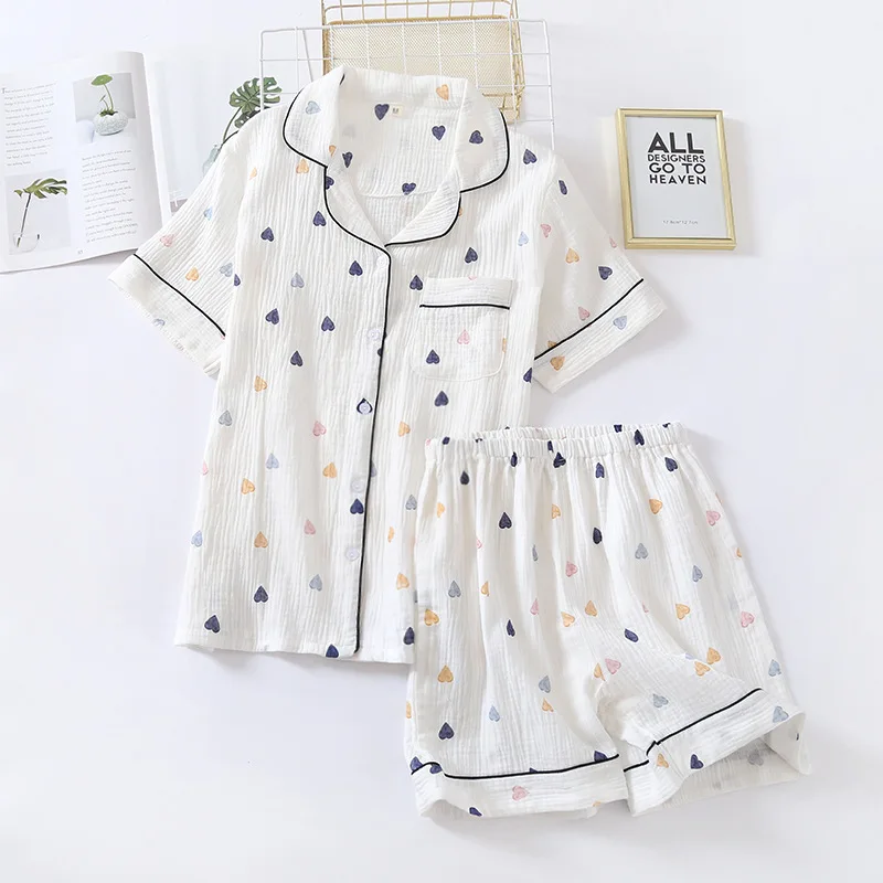 Summer Women Pajamas Set Cotton Gauze Cute Heart-shaped Printed Short Sleeve and Shorts Casual Female Home Suit