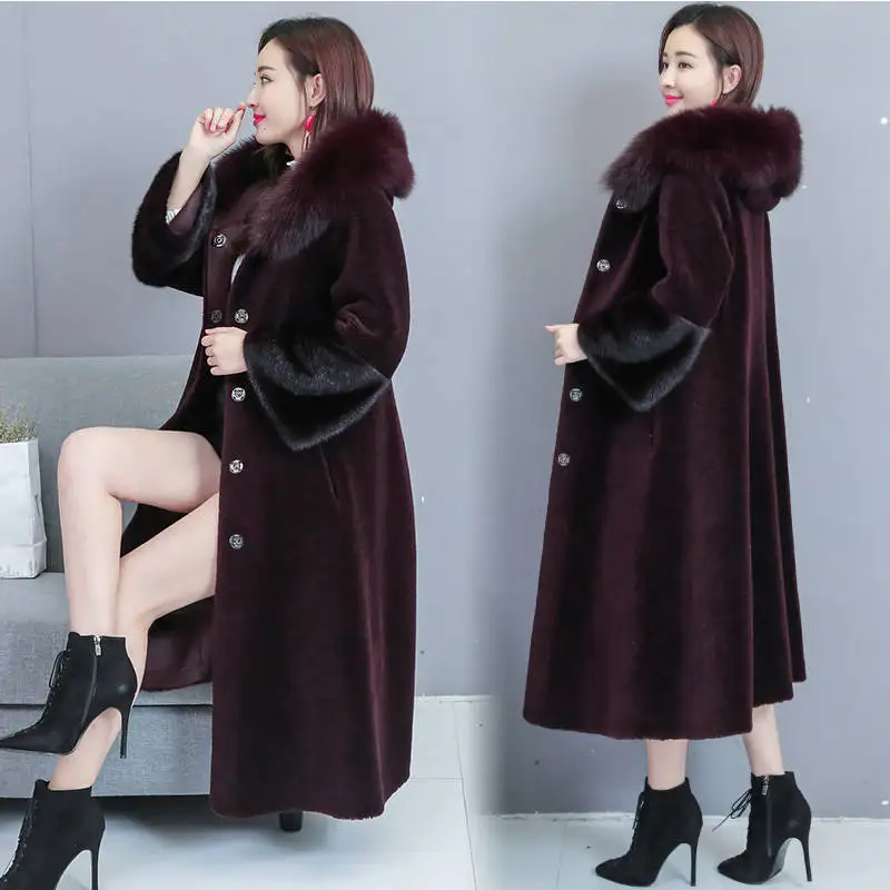 

Womens Long Faux Fur Coat winter Fshion with FurTrim Hood New Single Breasted Wide-waisted Warm Fur Jacket Lugentolo