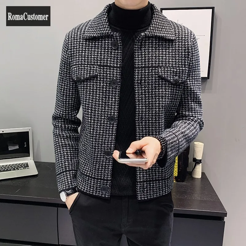 

Plaid Jackets Mens Slim Short British Style Knit Outerwear Korean Version Trend Turn-Down Collar All-Match Casual Male Coat