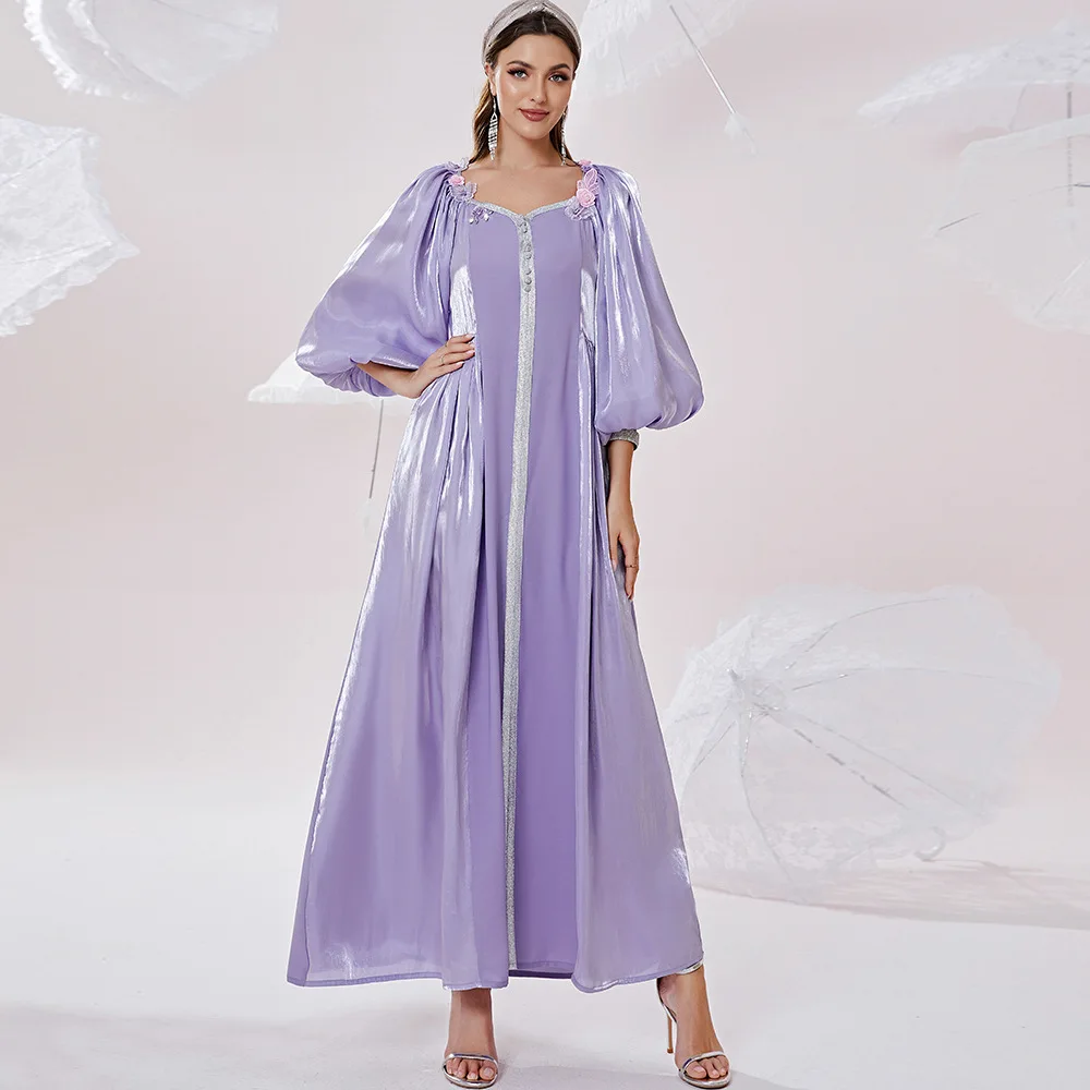 

Muslim Fashion New Lilac Butterfly Puff Sleeve Glitter Quicksand Dress Abayas for Women Vestidos Musulmanes Islamic Clothing