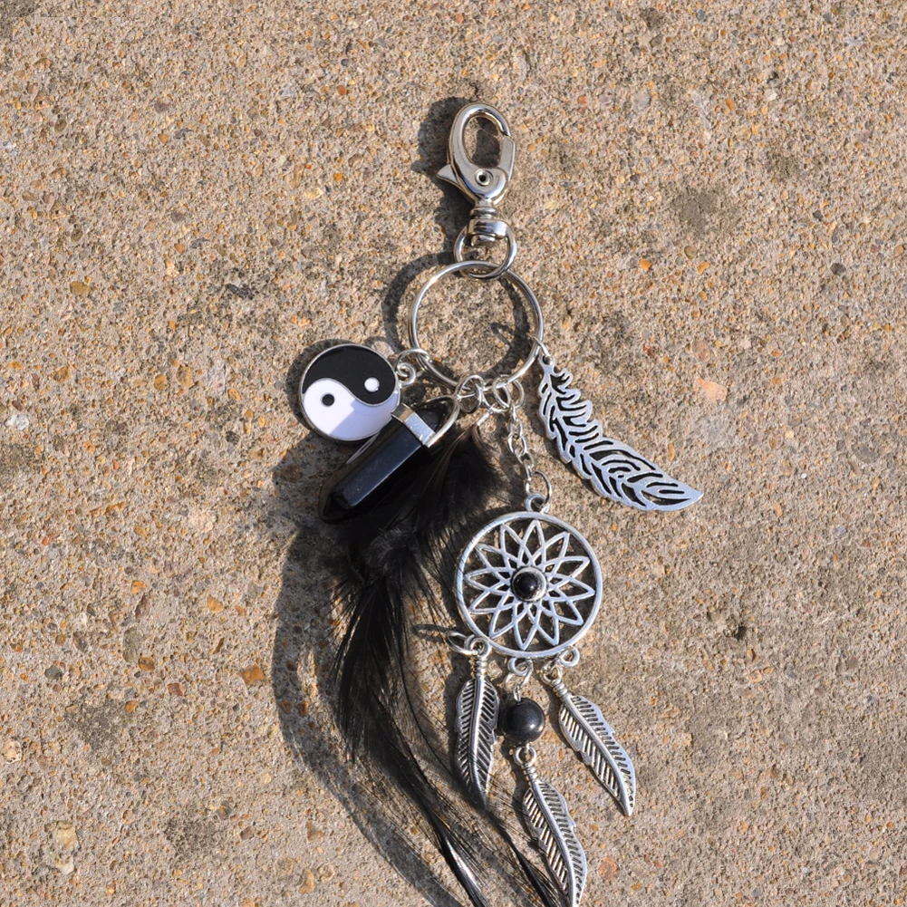 

Black Agate Keyring Fashion Silver Feather Dreamcatcher Bag Car Keychain