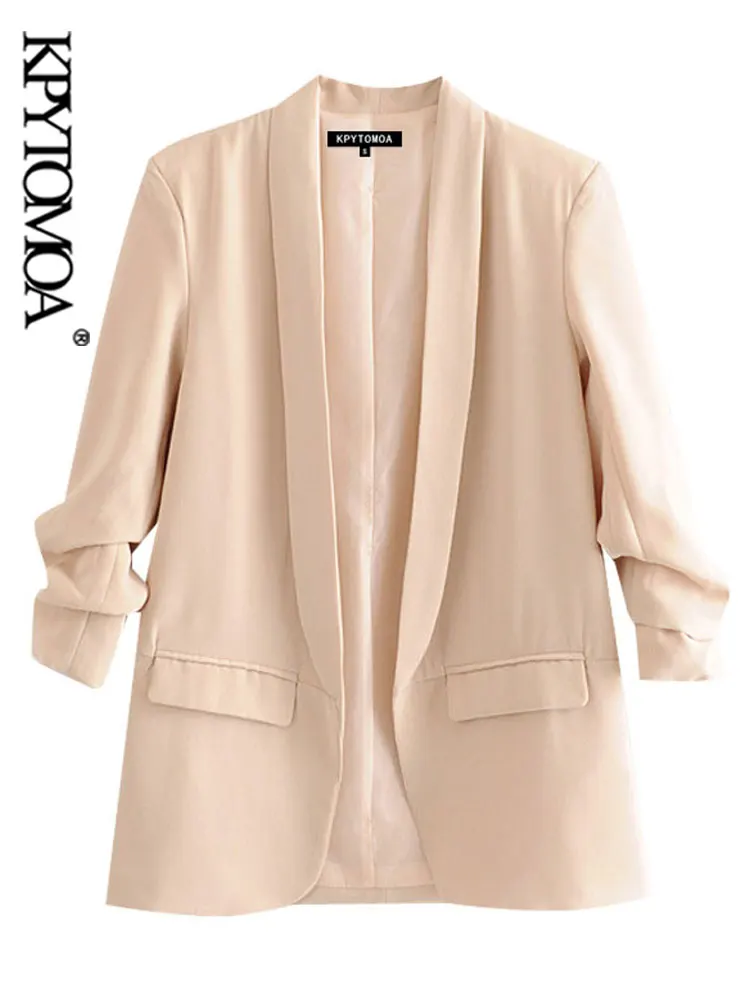KPYTOMOA Women Fashion Office Wear Basic Blazers Coat Vintage Pleated Long Sleeve Pockets Female Outerwear Chic Tops | Женская одежда