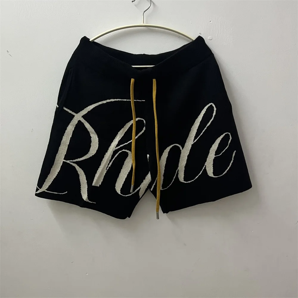 

RHUDE Letter LOGO Jacquard Drawstring Knitted Wool High Street Shorts Men Women Same Style Loose Casual Five-point Pants