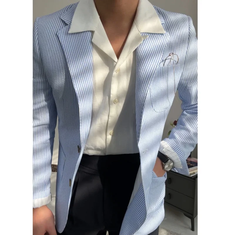 

2023 Summer Thin Men Leisure Blue Striped Seersucker Suit British Gentry Business Tuxedos Slim Fit Groom