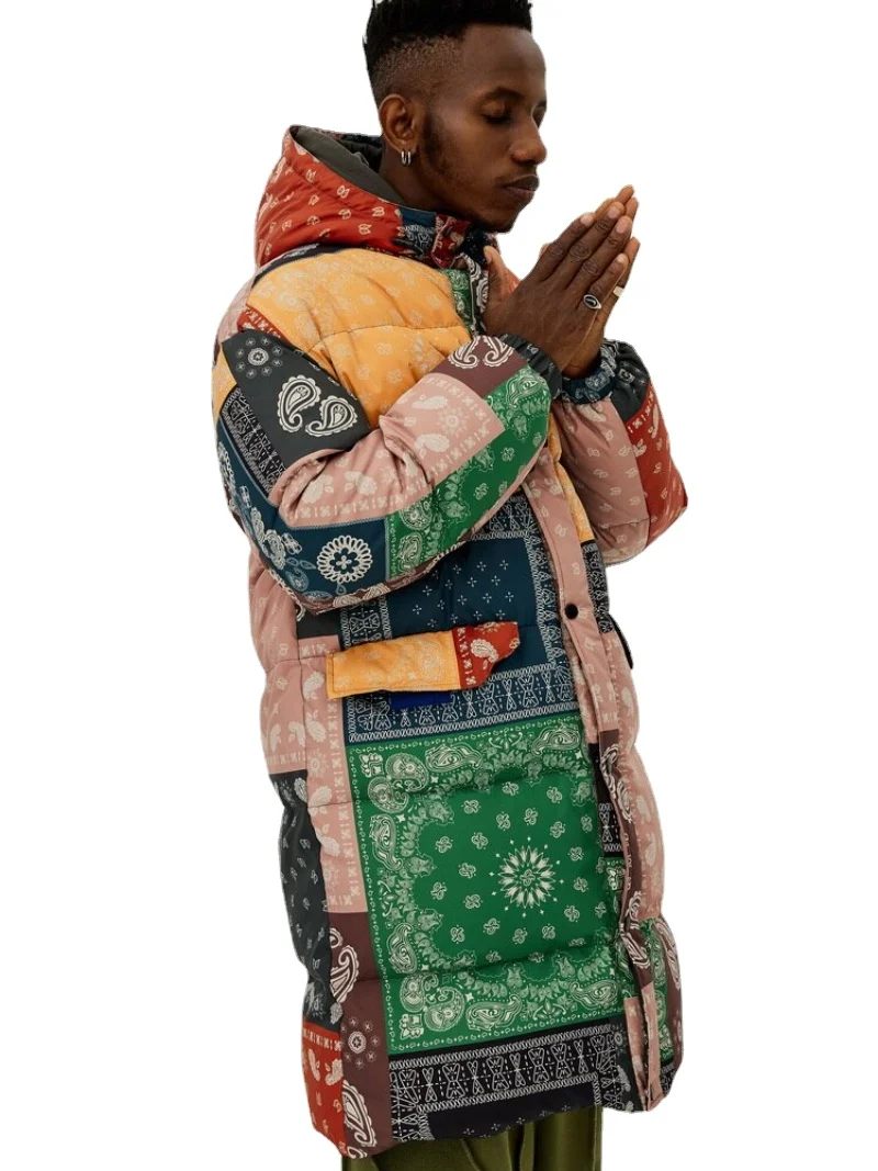 Mens Paisley Printed Hooded Jacket Parka Streetwear Hip Hop Graphic Harajuku Down Jacket Coats Winter Windbreaker Warm Outerwear