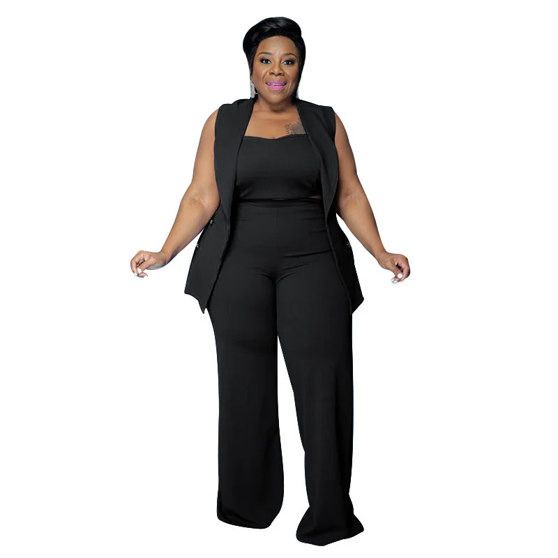 Plus Size Matching Sets Women's Suit  Fat Mm Solid Color Slim Size Women's Summer Three Piece Suit Chic Elegant Woman Pants Set