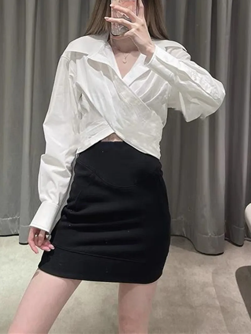 

Women's Deep V Shirt 2022 New Fashion Cross Design Long Sleeve Irregular Button Ladies Black or White Blouse