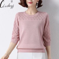 spring summer hollow out sweater women solid o neck base knitwear pullover casual three quarter sleeve knitted tops large size