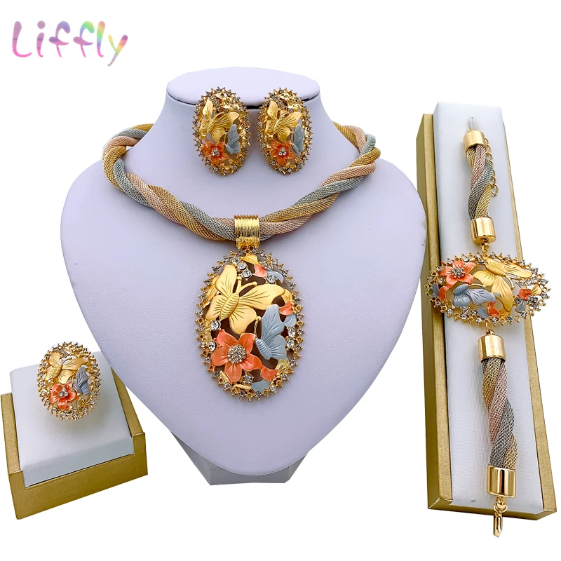 African Jewelry Necklace Earrings Dubai Gold Jewelry Sets for Women Wedding Bridal Bracelet Ring Pendant Jewellery Set