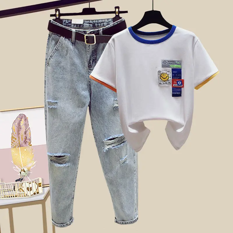 

Summer Clothes for Women Fashion Two-piece Set O-neck Smiley Print T Shirt Top and Jeans Suits Retro Casual Sets Femme E105