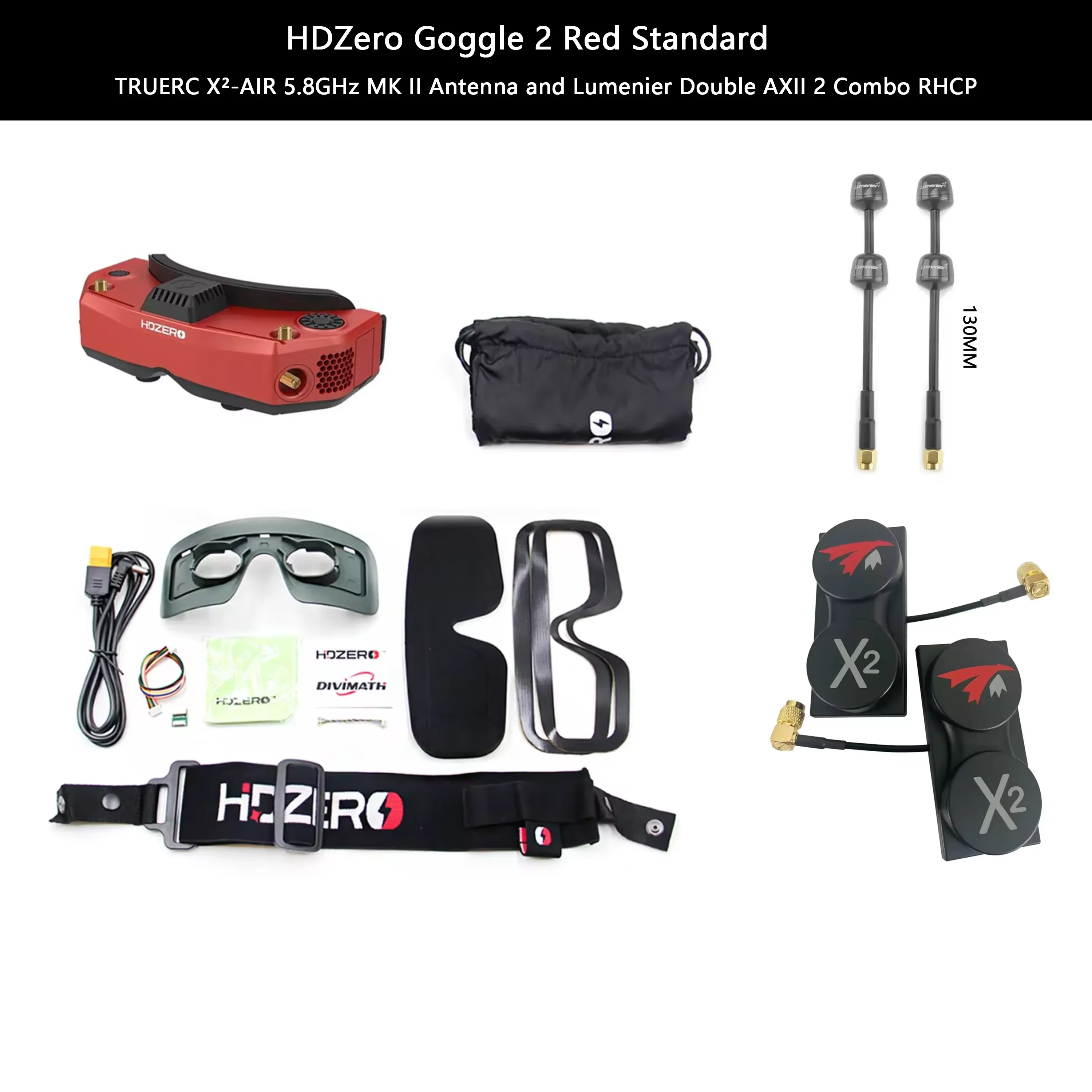 HDZero FPV Goggles2 Red + TrueRC X2-Air MKII + Lumenier Double 130mm antennas