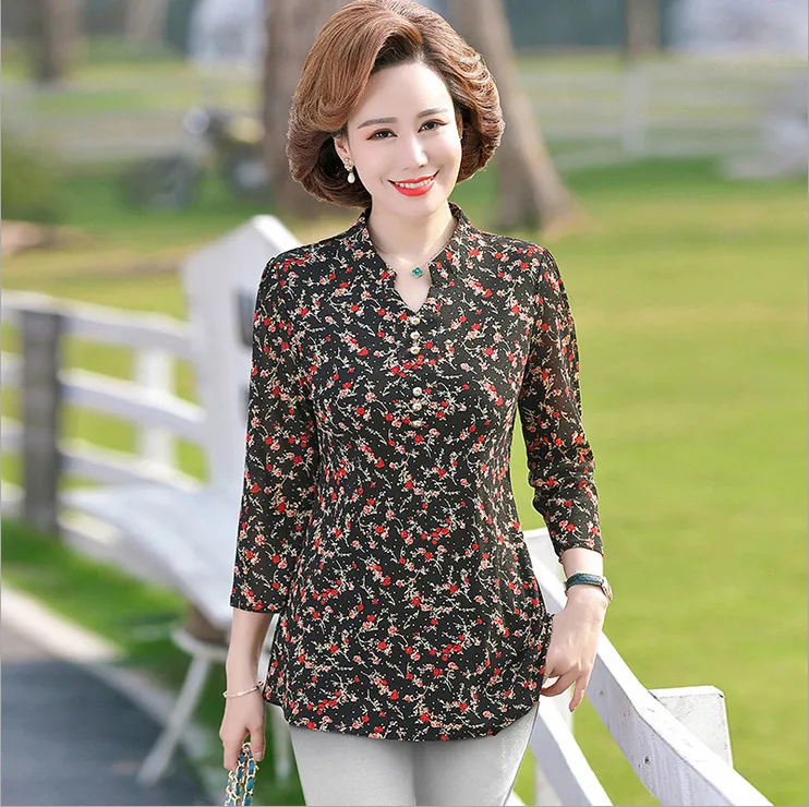 

Women New Middle-Aged Mother Spring/Summer Shirt Floral Print Three Quarter V-Neck Casual Stretch Blouse Top Lace