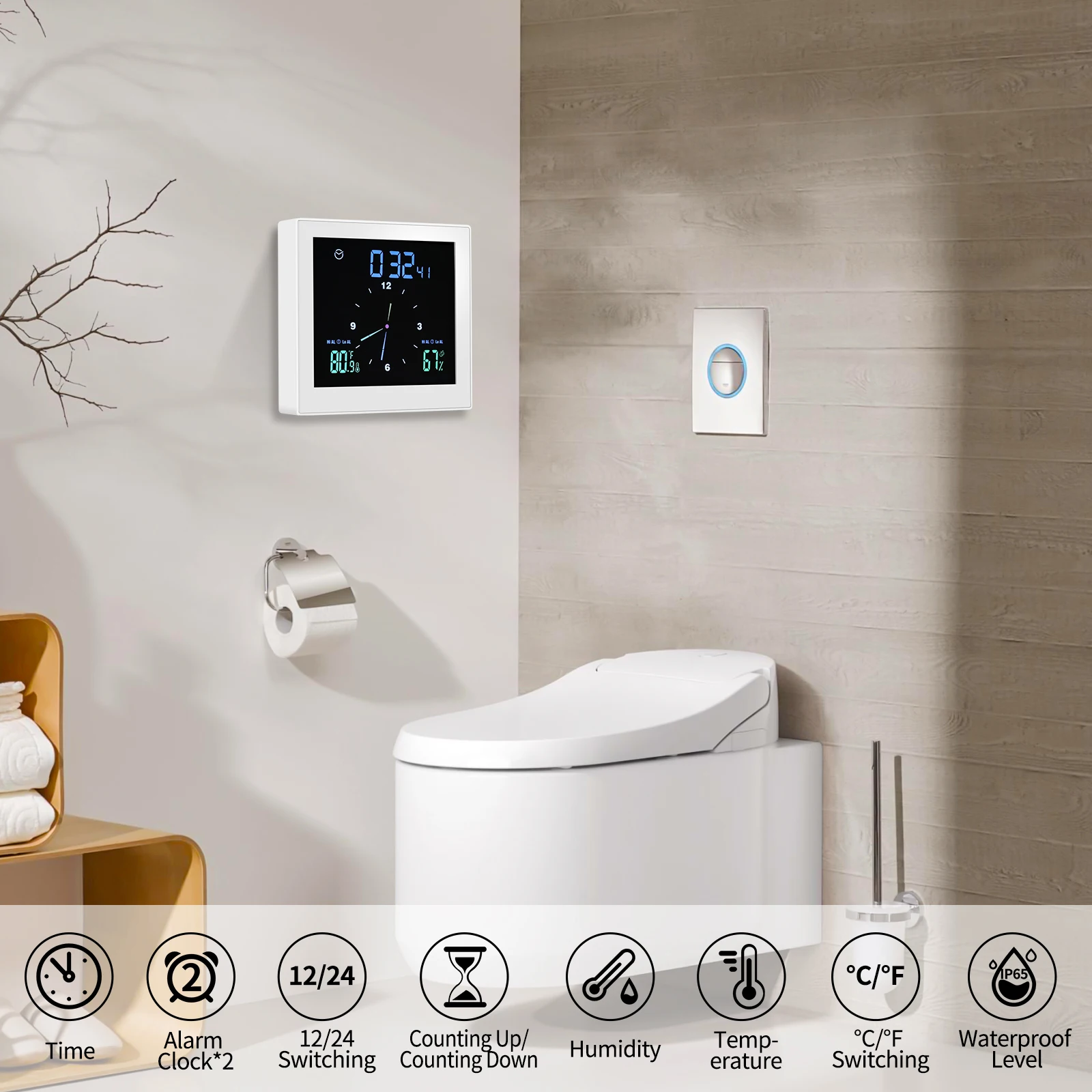 

Shower Waterproof Wall Clock With Indoor Temperature Humidity Display Bathroom Kitchen Timer Digital Electronic Alarm Clocks