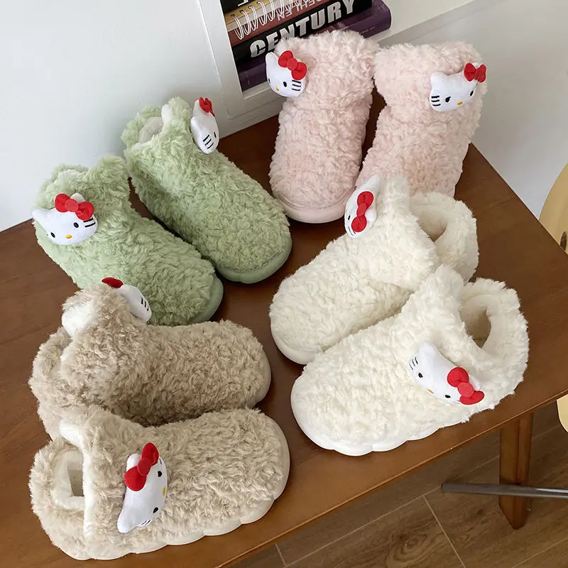 

Kawaii Sanrio Anime Cotton Shoes Cute Hello Kittys Cartoon Plush Thickened Keep Warm Comfortable Non-Slip Shoes Gifts for Girls